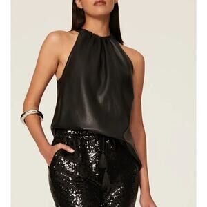 Joie Bonita Top Faux Leather Gathered Halter Neck Sleeveless Keyhole Black Small